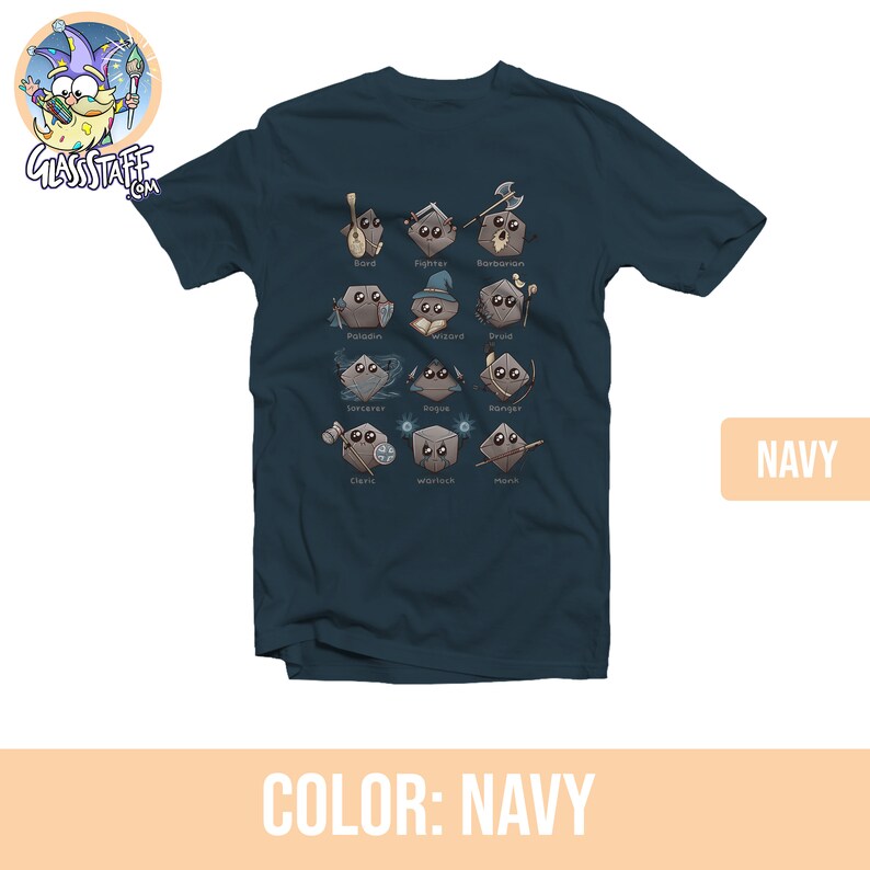 May include: A navy blue t-shirt with a graphic of Dungeons and Dragons character classes represented as dice. The text on the shirt reads "Bard, Fighter, Barbarian, Paladin, Wizard, Druid, Sorcerer, Rogue, Ranger, Cleric, Warlock, Monk".