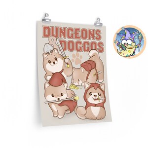 Peut inclure: Une affiche avec le texte "Dungeons & Doggos" représentant quatre chiens de dessin animé habillés en personnages fantastiques. Les chiens sont bruns avec des marques blanches et portent des vêtements rouges et bruns. L'affiche a un fond beige.