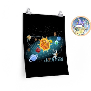 May include: Poster featuring a whimsical illustration of a solar system with colorful, geometric planets and a central sun. An astronaut figure with a sword is present. The text "THE ROLLAR SYSTEM" is at the bottom. A cartoon wizard is in the corner.