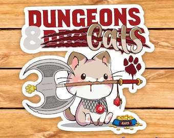 Może przedstawiać: Biała naklejka z kreskówkowym kotem trzymającym topór bojowy. Kot nosi kołnierz z kolczugi i ma czerwony klejnot na piersi. Tekst "Dungeons & Dragons Cats" znajduje się na górze naklejki.