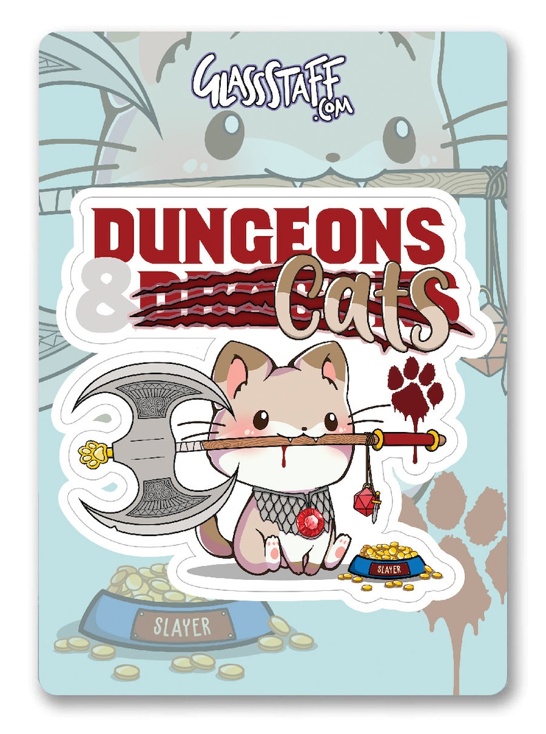 K&ouml;nnte beinhalten: Ein wei&szlig;er Aufkleber mit einer Comic-Katze, die eine Streitaxt und einen roten Edelstein h&auml;lt. Die Katze tr&auml;gt Kettenhemd und hat einen roten Pfotenabdruck auf der Wange. Der Text "Dungeons & Dragons Cats" befindet sich &uuml;ber der Katze in Rot und Wei&szlig;.