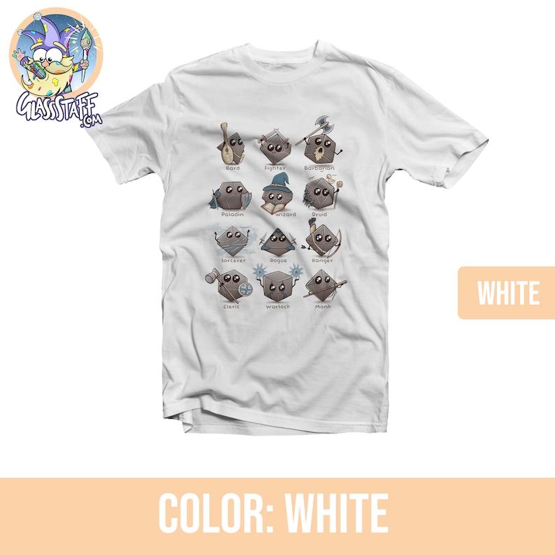 May include: White t-shirt with a graphic of Dungeons and Dragons character classes represented as dice. The text on the shirt reads "Bard, Fighter, Barbarian, Paladin, Wizard, Druid, Sorcerer, Rogue, Ranger, Cleric, Warlock, Monk."