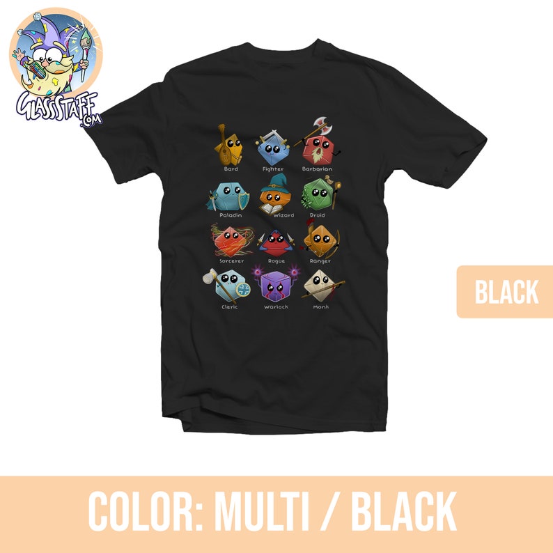 May include: Black t-shirt with a graphic of 12 Dungeons and Dragons character classes represented as dice. Each die has a different color and a symbol representing the class. The text "Bard", "Fighter", "Barbarian", "Paladin", "Wizard", "Druid", "Sorcerer", "Rogue", "Ranger", "Cleric", "Warlock", and "Monk" are printed below each die.