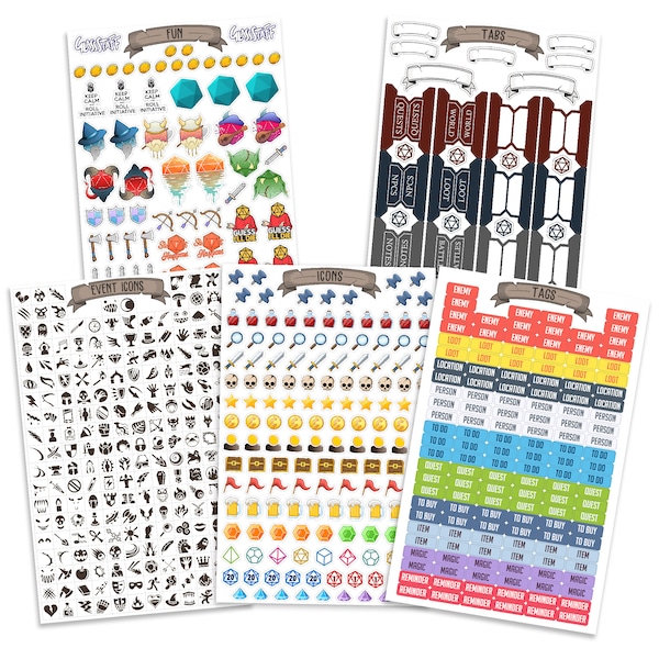 600+ D&D Notebook Mini Stickers  | TTRPG DND Stickers | Gift pack | Vinyl waterproof stickers | d20 dice