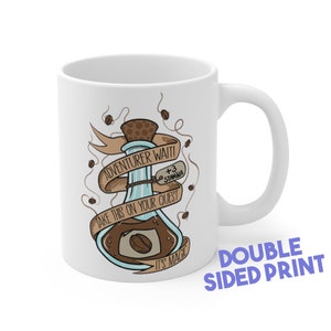 May include: White ceramic mug with a brown and blue illustration of a potion bottle with coffee beans and the text "Adventurer Wait! Take this on your quest. It's magic." and a tag that says "+3 stamina". The mug has a double-sided print.