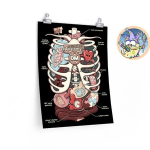 Può includere: Un'illustrazione anatomica umoristica di un Dungeon Master, con una gabbia toracica scheletrica, organi che rappresentano vari aspetti del ruolo, come un cuore per il gioco, un rene da battaglia e un bullshit-o-meter. Il testo "Anatomy of the DM" è presente al centro dell'immagine.