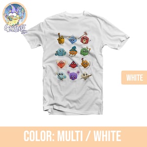 May include: White t-shirt with a multi-colored design of dice characters representing different Dungeons and Dragons classes. The text on the shirt reads "Bard, Fighter, Barbarian, Paladin, Wizard, Rogue, Sorcerer, Rogue, Ranger, Cleric, Warlock, Paladin".