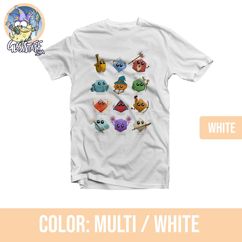 May include: White t-shirt with a multi-colored design of dice characters representing different Dungeons and Dragons classes. The text on the shirt reads "Bard, Fighter, Barbarian, Paladin, Wizard, Rogue, Sorcerer, Rogue, Ranger, Cleric, Warlock, Paladin".