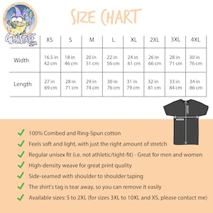 May include: Size chart for t-shirts with measurements in inches and centimeters. The chart shows sizes XS to 4XL. The chart also includes information about the fabric and fit of the shirts.