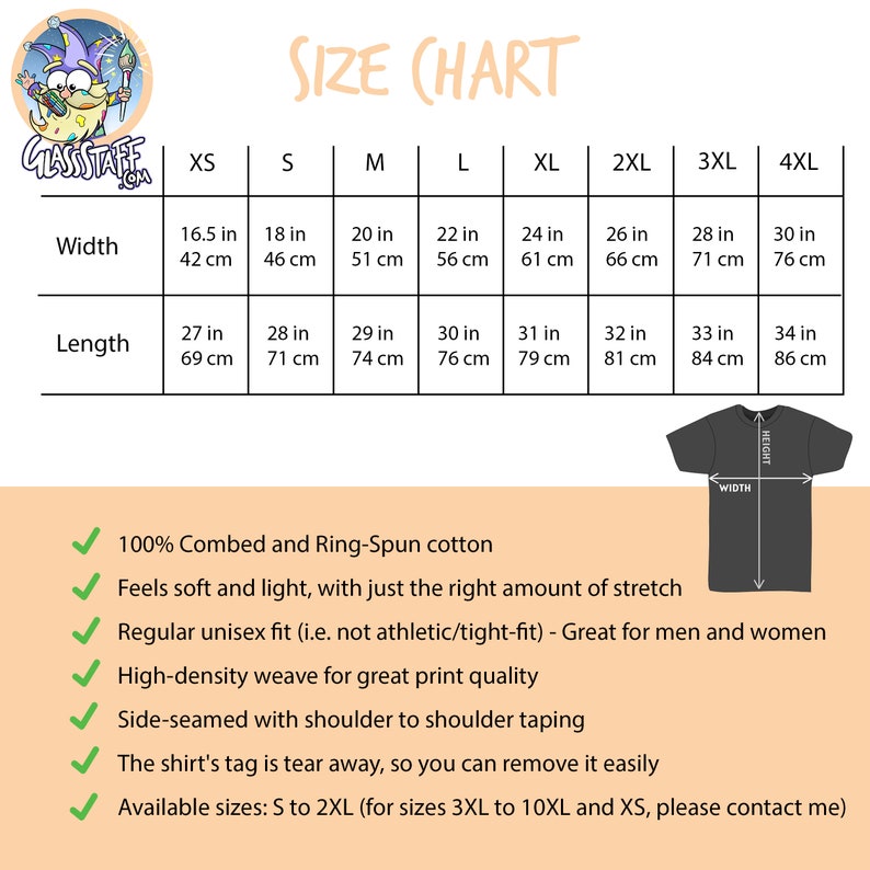 May include: Size chart for t-shirts with measurements in inches and centimeters. The chart shows sizes XS to 4XL. The chart also includes information about the fabric and fit of the shirts.