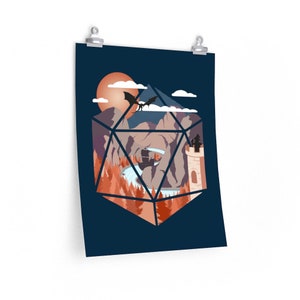 May include: A dark blue poster with a large, brown, 20-sided die in the center. Inside the die is a landscape with a river, mountains, a castle, and a dragon flying overhead. The sun is setting in the background.