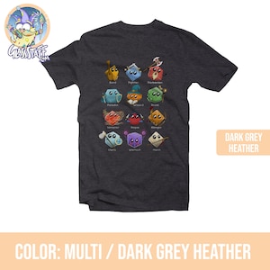 May include: A dark grey heather t-shirt with a multi-colored design of 12 Dungeons and Dragons character classes represented as dice. Each die has a different color and design, and each die has the name of the class written below it. The text "DARK GREY HEATHER" is in a white box in the upper right corner of the image. The text "COLOR: MULTI / DARK GREY HEATHER" is in a white box at the bottom of the image.