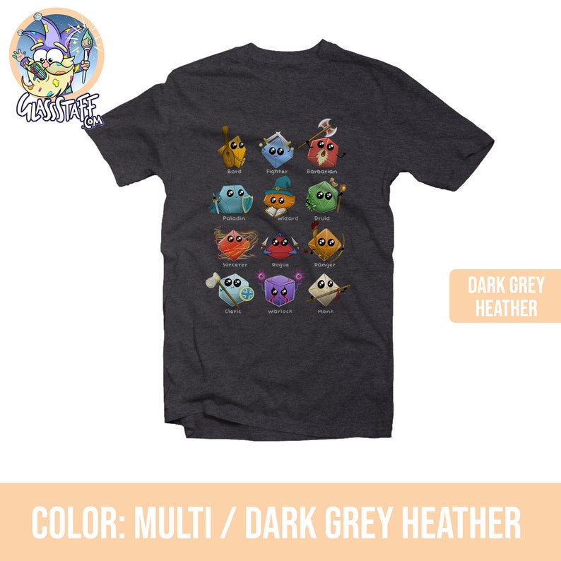 May include: A dark grey heather t-shirt with a multi-colored design of 12 Dungeons and Dragons character classes represented as dice. Each die has a different color and design, and each die has the name of the class written below it. The text "DARK GREY HEATHER" is in a white box in the upper right corner of the image. The text "COLOR: MULTI / DARK GREY HEATHER" is in a white box at the bottom of the image.