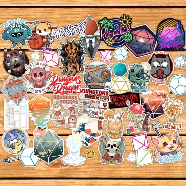 40+ DnD Stickerbomb Pack from Glassstaff  | TTRPG DND Stickers | Gift pack | Vinyl waterproof stickers | d20 dice