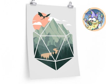 May include: A green, brown, and white mountain landscape with a silhouette of a dragon flying in the sky. The landscape is framed by a geometric shape resembling a twenty-sided die.