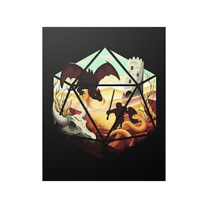 May include: A black and white illustration of a fantasy scene inside a 20-sided die. The scene includes a dragon, a warrior, a snake, a skull, and a tower.