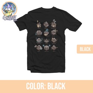 May include: Black t-shirt with a graphic of Dungeons and Dragons character classes represented as dice. The text on the shirt reads "Bard, Fighter, Barbarian, Paladin, Wizard, Druid, Sorcerer, Rogue, Ranger, Cleric, Warlock, Monk".