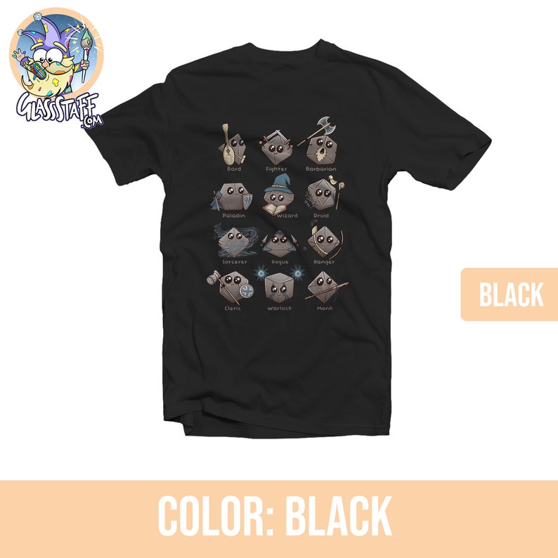 May include: Black t-shirt with a graphic of Dungeons and Dragons character classes represented as dice. The text on the shirt reads "Bard, Fighter, Barbarian, Paladin, Wizard, Druid, Sorcerer, Rogue, Ranger, Cleric, Warlock, Monk".