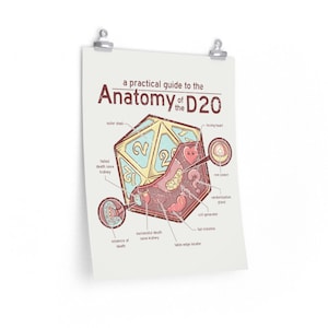 May include: A humorous illustration of a 20-sided die, or D20, with a detailed anatomy diagram. The die is labeled with terms like "loving heart", "raw power", "randomization gland", and "crit generator".