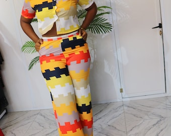 Two piece set, Trousers and top, Shirt and Trousers, Coloured Jigsaw printed cropped shirt and trousers, two-piece set, shirt and trousers