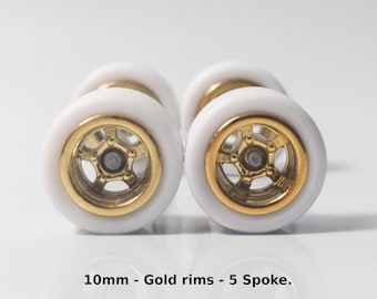 5 spoke - Gold with White Tires - Wheels and Tires Set for 1/64 Scale