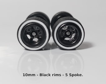 5 spoke - Black with Whiteline Tires - Wheels and Tires Set for 1/64 Scale