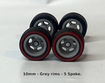 10/10mm Redline with Gray rims 5 spoke Treaded rubber tire set.