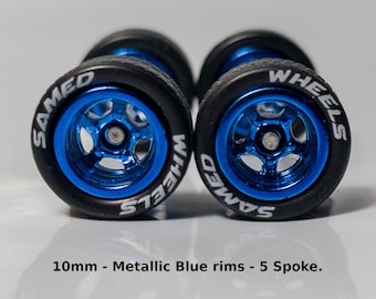 10mm/10mm Lettered with Metallic Blue rims 5 spoke Treaded rubber tire set.