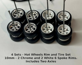 4 Sets-Hot Wheels 10mm/10mm JDM Chrome and White rims 6 spoke rubber tire sets.