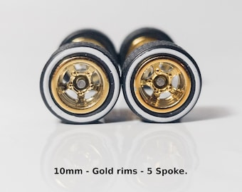 5 spoke - Gold with Whiteline Tires - Wheels and Tires Set for 1/64 Scale