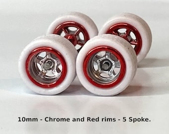 5 spoke - Red and Chrome with White Tires - Wheels and Tires Set for 1/64 Scale