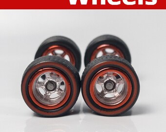 10/10mm Redline with Chrome and Red rims 5 spoke Treaded rubber tire set.