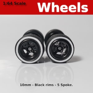 5 spoke - Black with Whiteline Tires - Wheels and Tires Set for 1/64 Scale