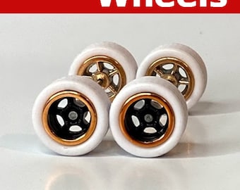 5 spoke - Black and Bronze with White Tires - Wheels and Tires Set for 1/64 Scale
