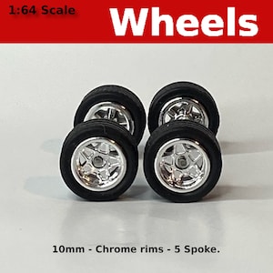 May include: Four 10mm chrome wheels with 5 spokes, designed for 1:64 scale model cars.