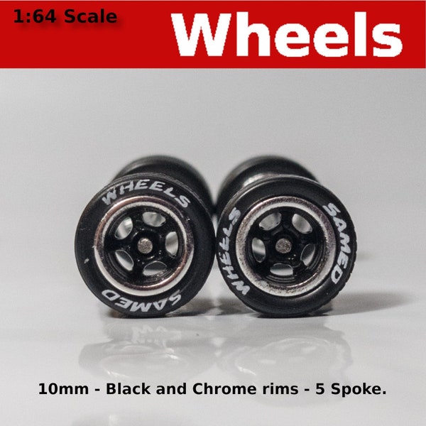 10mm/10mm Lettered with Black and Chrome rims 5 spoke Treaded rubber tire set.