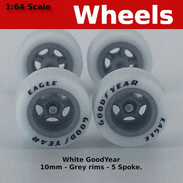 5 spoke - Grey with White Goodyear Tires for 1/64 Scale for Hot Wheels