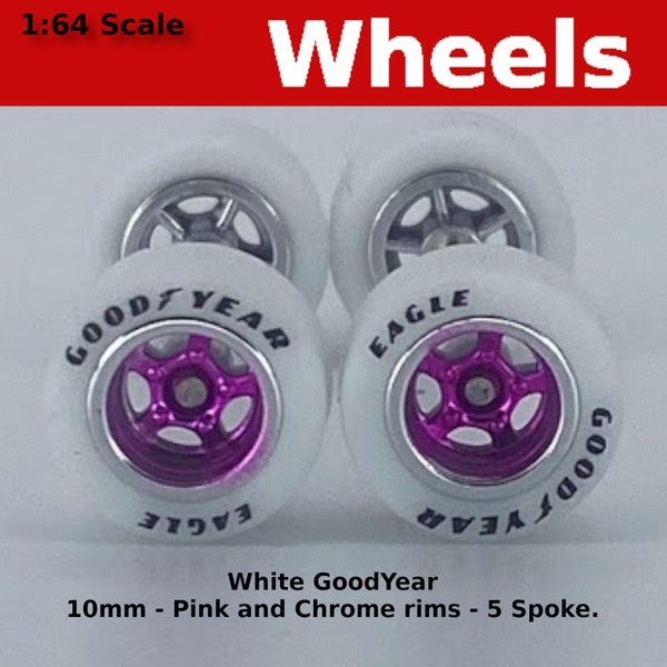 5 spoke - Pink and Chrome with White Goodyear Tires for 1/64 Scale for Hot Wheels