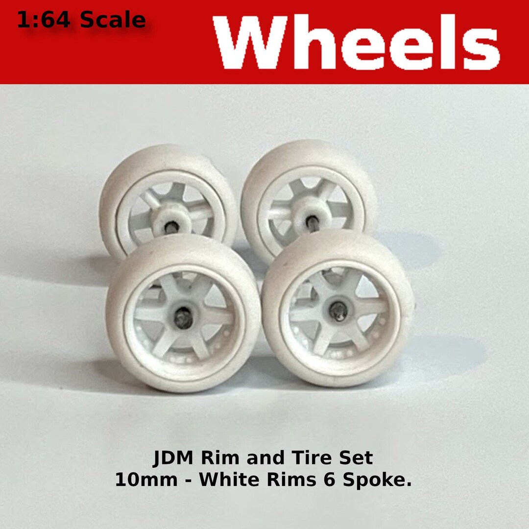 thumbnail image 2 of 10 Sets 1:64 Scale JDM Wheels – 6-Spoke Gold & Chrome Mix W/ Rubber Tires 2 of 3