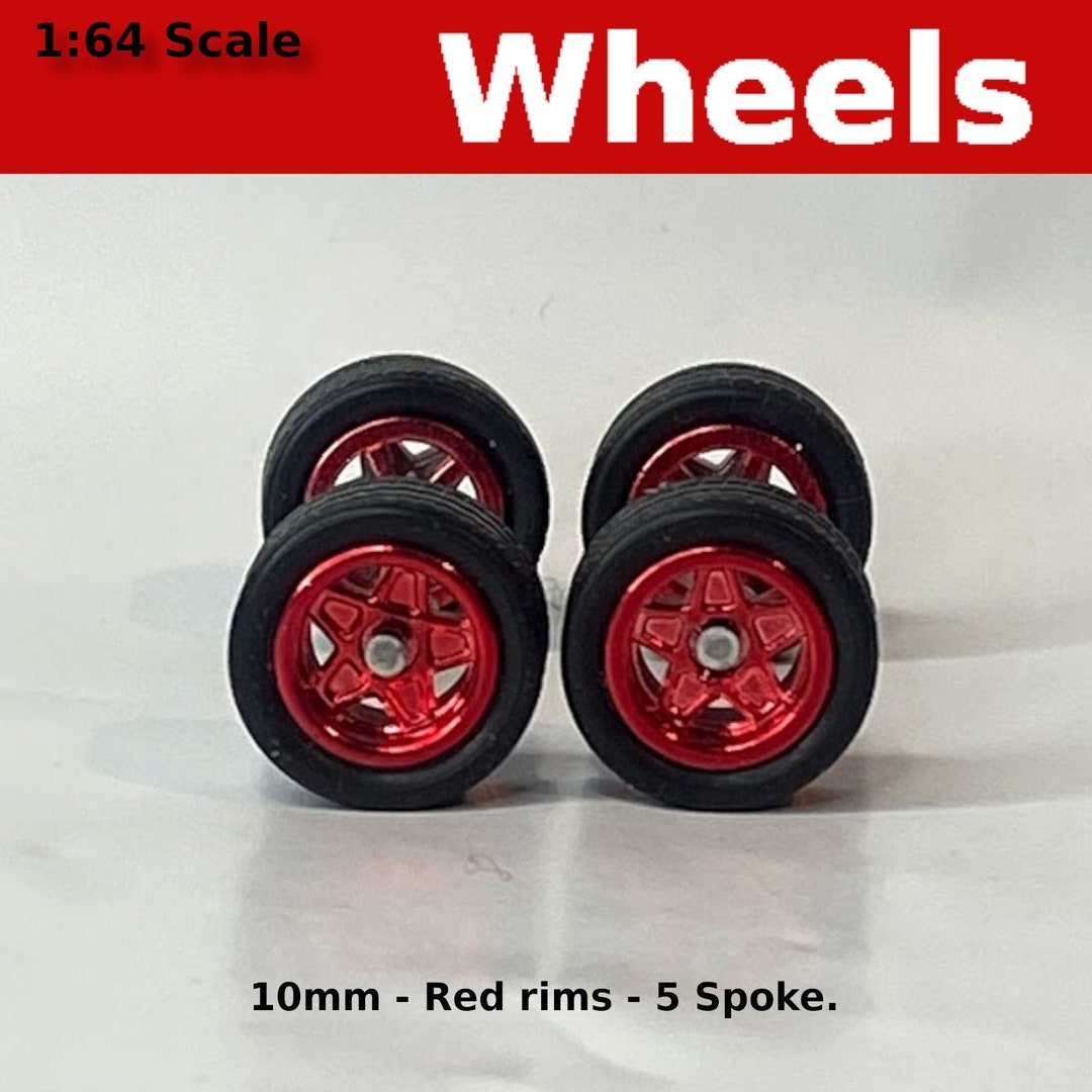 10mm/10mm Black With Red Rims 5 Spoke Treaded Rubber Tire Set. - Etsy