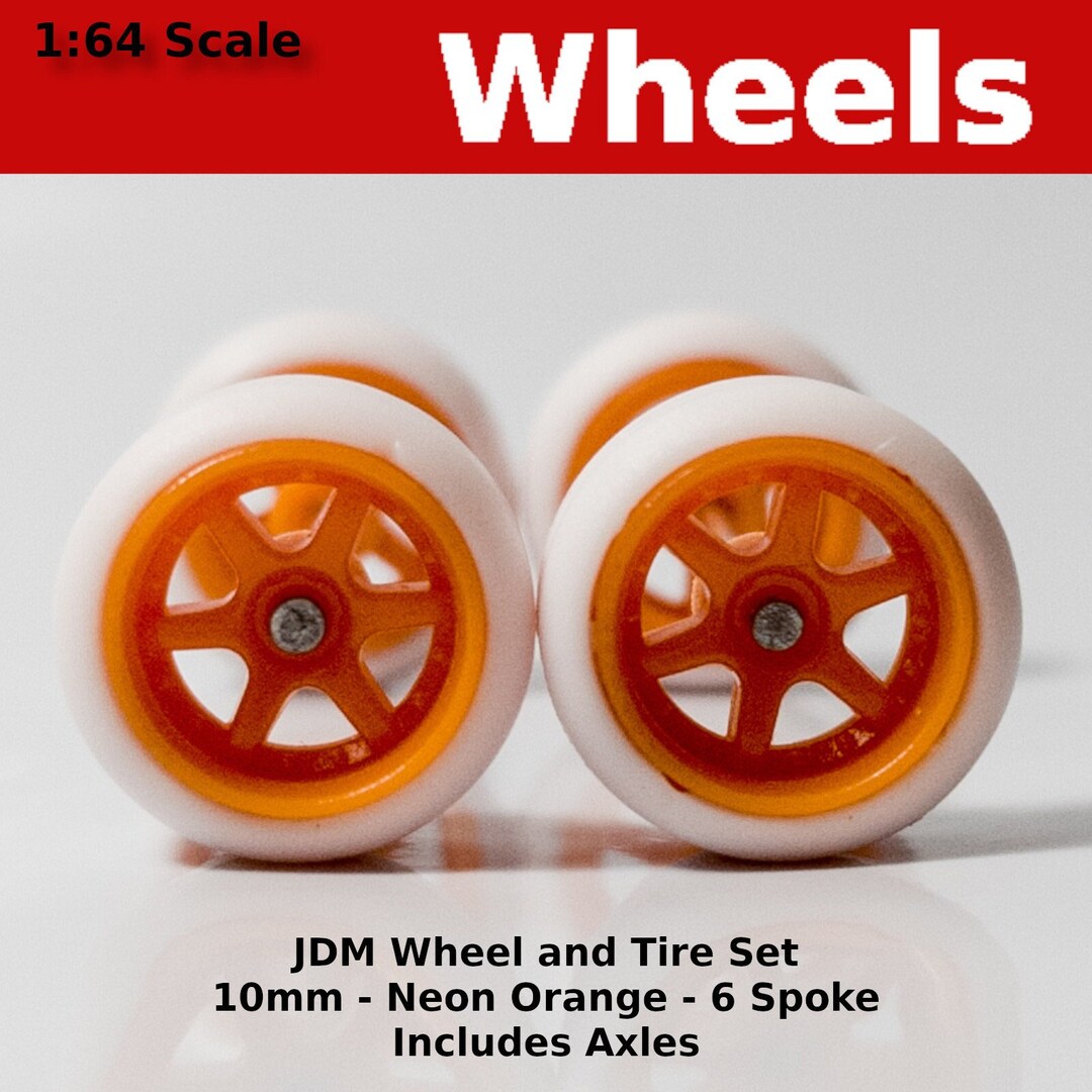 10mm/10mm JDM Neon Orange Rims With White Tires 6 Spoke Rubber Tire Set ...