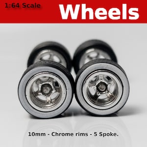 May include: Four 10mm chrome wheels with 5 spokes and white tires for 1:64 scale model cars.