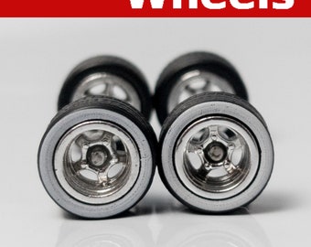 5 spoke - Chrome with Whitewall Tires - Wheels and Tires Set for 1/64 Scale