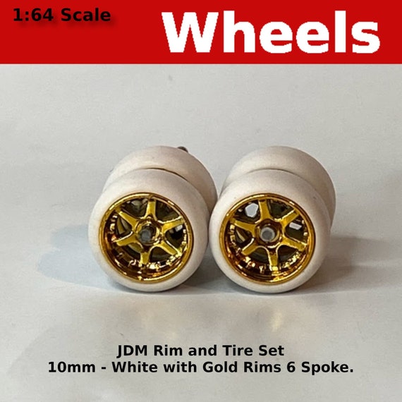10 Pairs Small Gold 5-Spoke Rubber Tires For 1:64 Scale JDM Model Cars & Hot Wheels