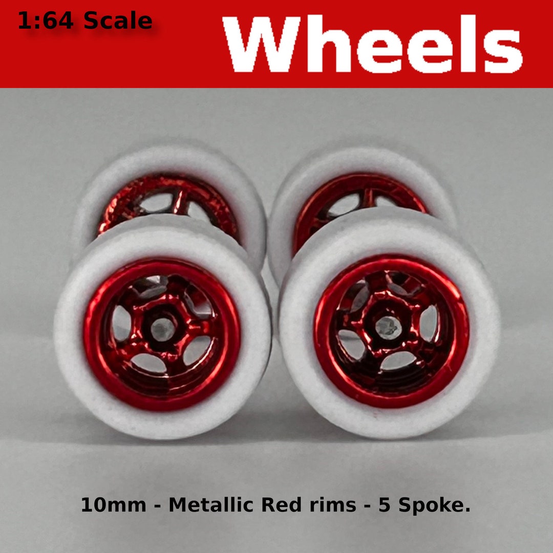 Mm Rims 10mm/10mm Metallic Red Rims 5 Spoke White Rubber Tire Set. - Etsy