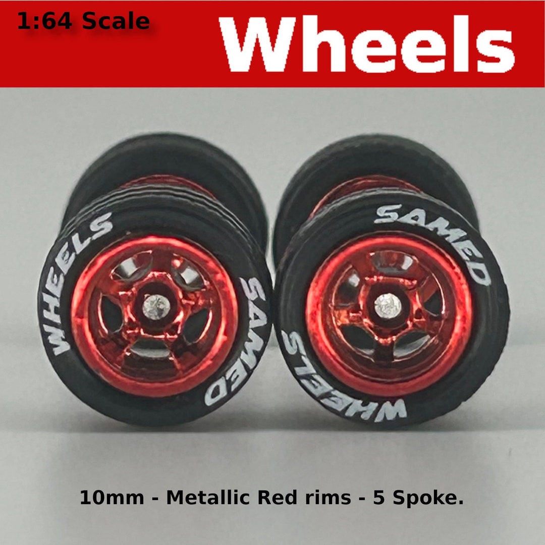 Metallic Red Rims 10mm/10mm Metallic Red Rims 5 Spoke Lettered Treaded Rubber Tire Set ...