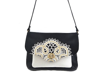 Sac en cuir à bandoulière-Sac mariage-Besace-Cadeau femmes-Sac cuir noir-Sac créateur-Sac chic