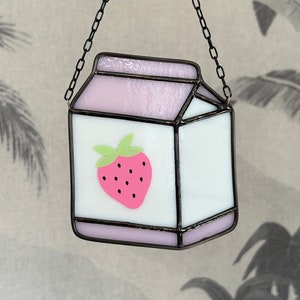 B-GRADE | Strawberry milk carton stained glass suncatcher | Red fruit| Food lover gift | Kitchen decoration | summer gift