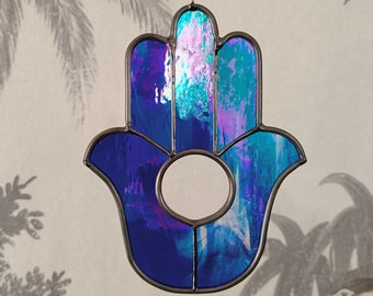 Hamsa hand (upright) blue iridescent stained glass suncatcher gift | Spiritual gift | protection, power, and strength