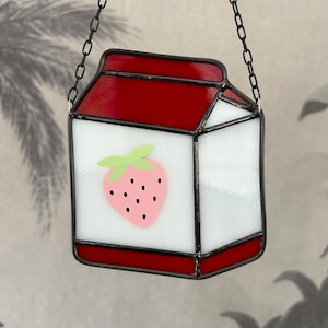 Strawberry milk carton stained glass suncatcher | Red fruit| Food lover gift | Kitchen decoration | summer gift